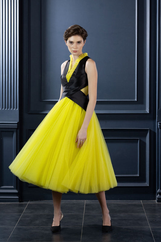 Audrey Neon yellow Black Dress