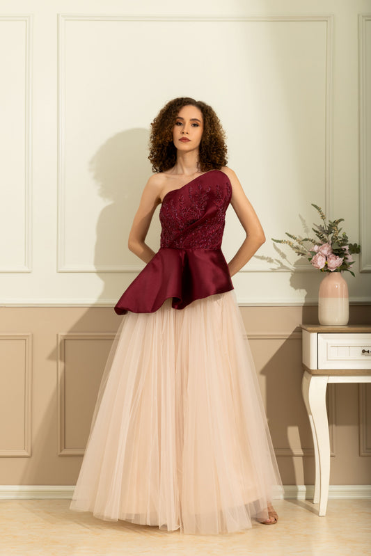 Audrey Red Seq Top and Cream Skirt maxi
