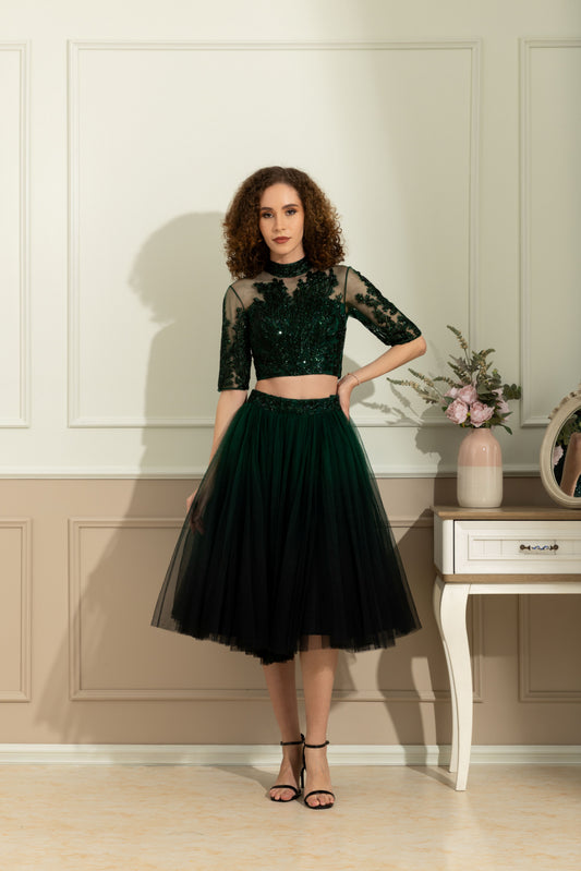 Audrey Deep Green Seq Top and Black Duotone Skirt