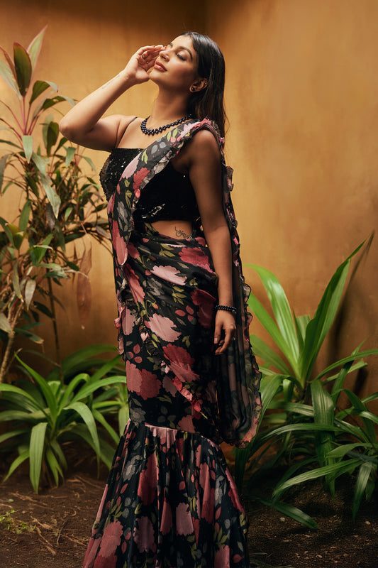 Aaira Black Floral Drape Dress