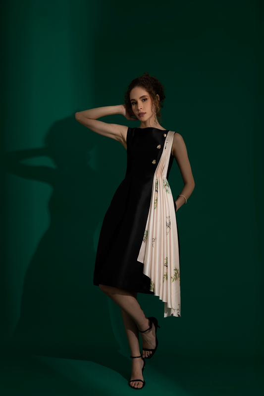 Audrey Black Satin Pleated Midi Dress