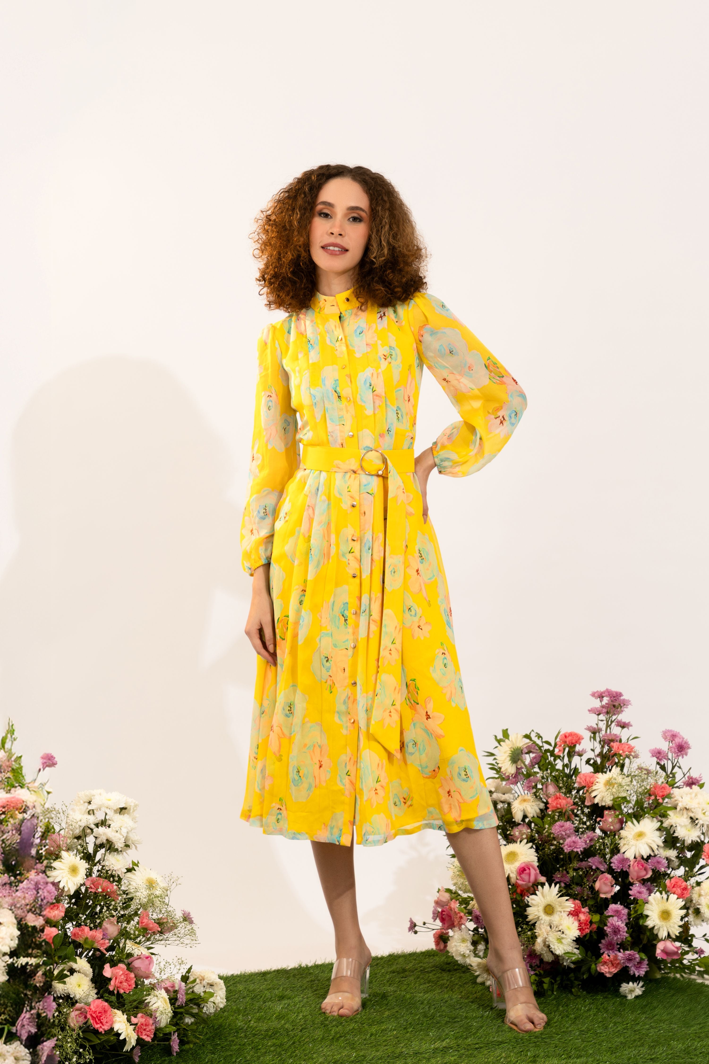 knee length dresses for ladies Dahlia Yellow Floral Midi Dress – Natalia Livingston