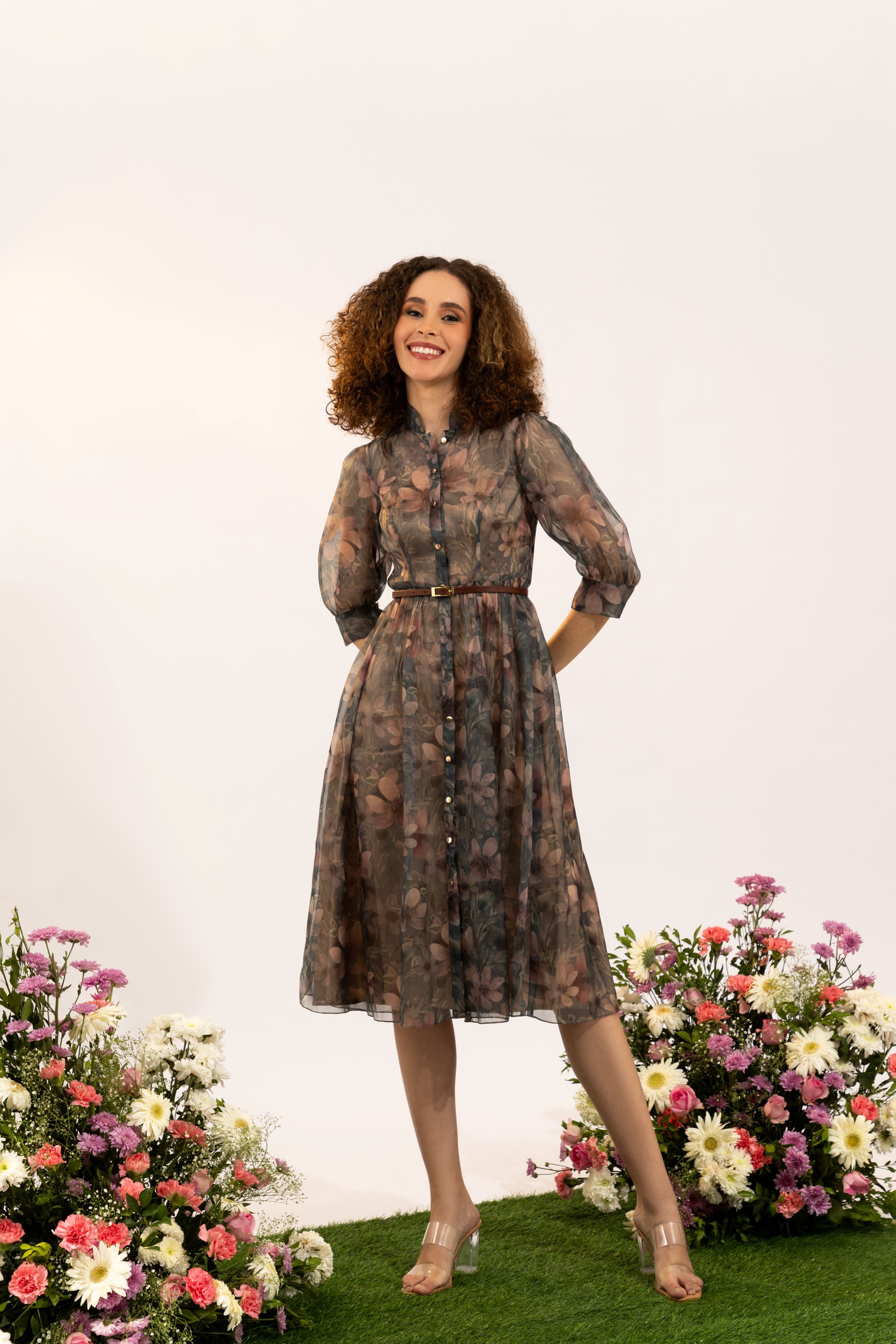 knee length dresses for ladies Lucille Smocked Floral Dress in Olive