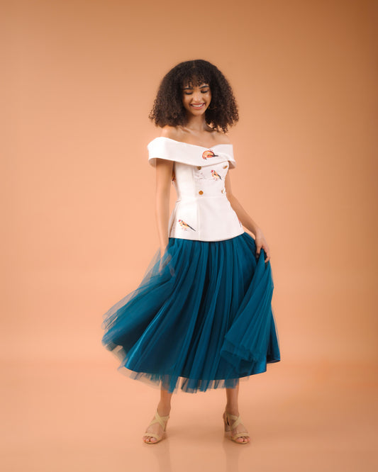 Audrey Cream Bird Top and Teal Skirt