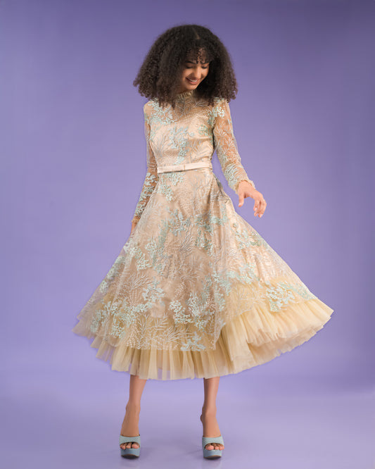 Catherine Beige Blue Embroidery