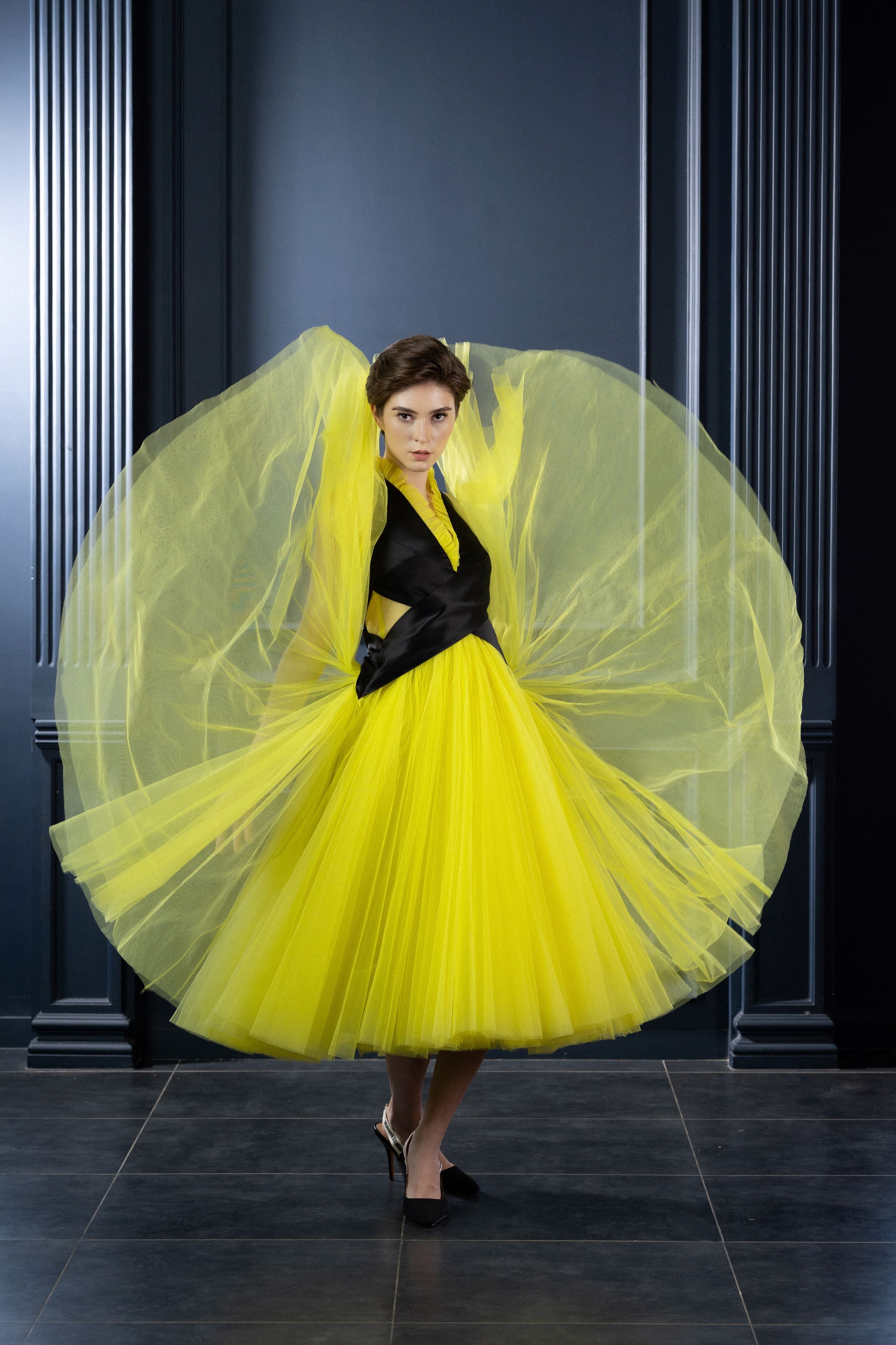 Luxury Party Wear Audrey Neon yellow Black Dress Natalia
