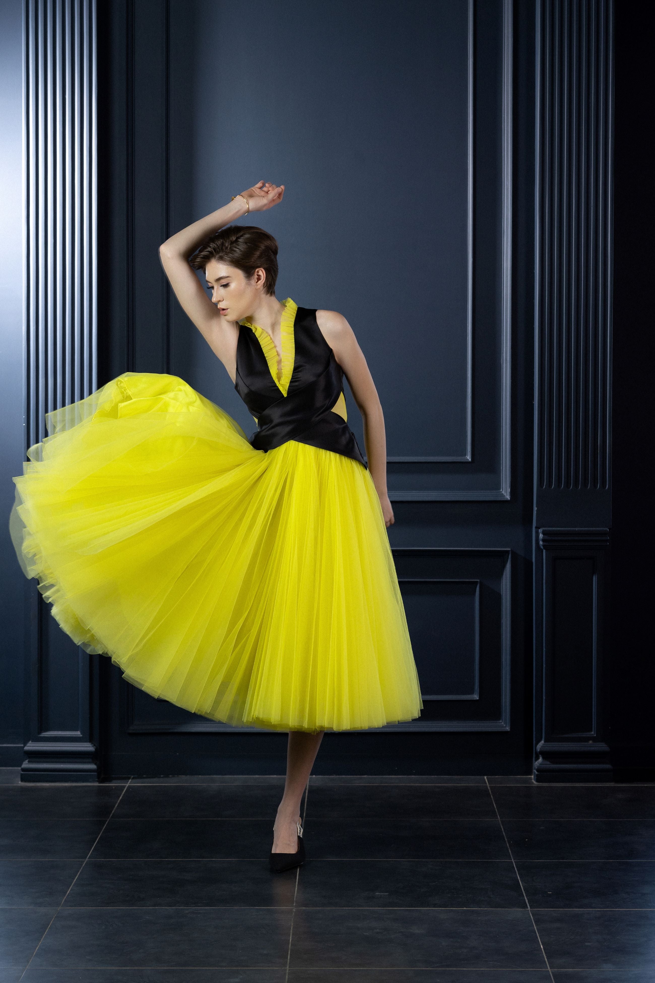 Luxury Party Wear | Audrey Neon yellow Black Dress