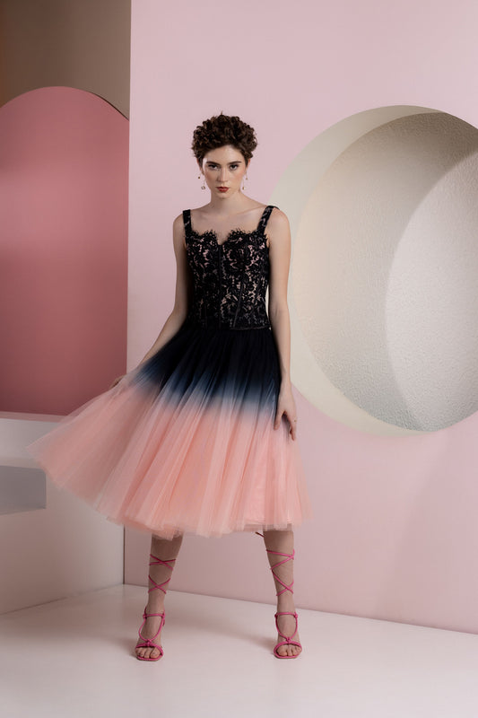 Charolette Black Corset Top & Black Pink Duotone Skirt