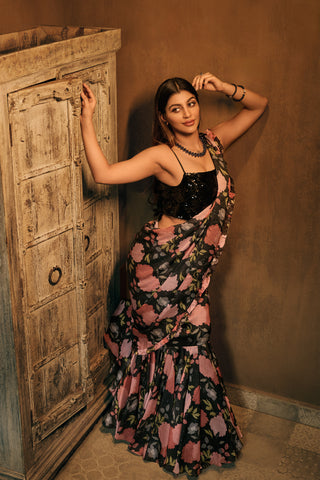 Aaira Black Floral Drape Dress