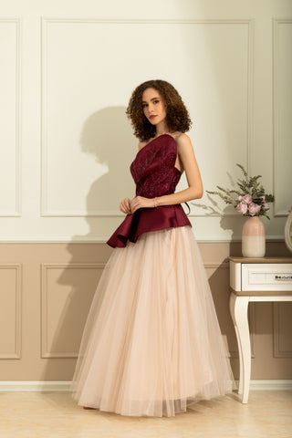 Audrey Red Seq Top and Cream Skirt maxi
