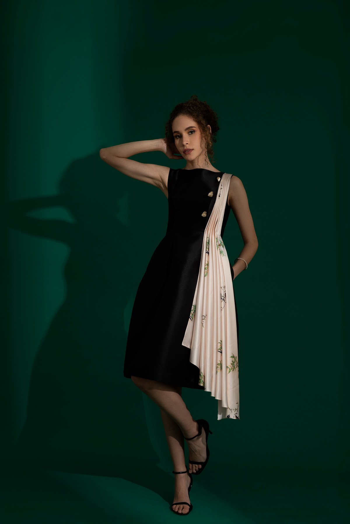 Audrey Black Satin Pleated Midi Dress