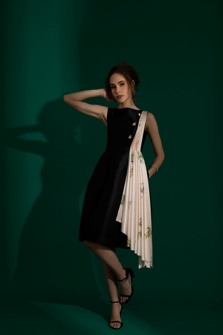 Audrey Black Satin Pleated Midi Dress