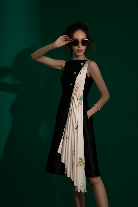 Audrey Black Satin Pleated Midi Dress