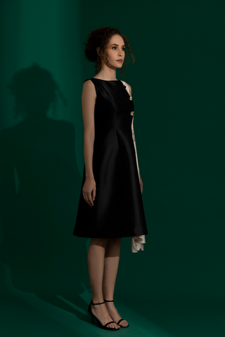 Audrey Black Satin Pleated Midi Dress