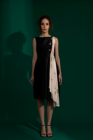 Audrey Black Satin Pleated Midi Dress