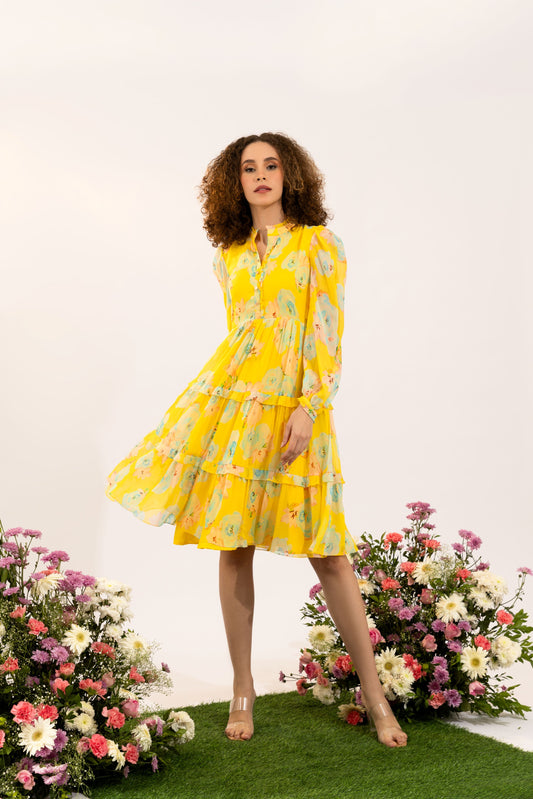 Dahlia Yellow Floral Knee Dress
