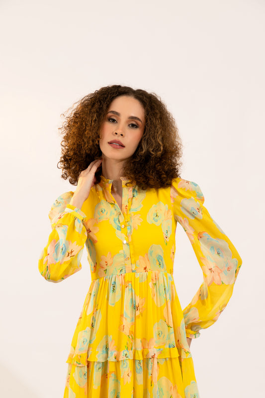 Dahlia Yellow Floral Knee Dress