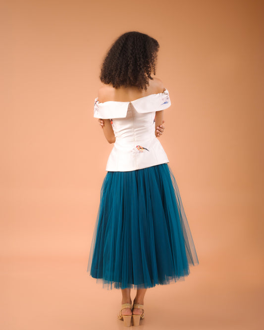 Audrey Cream Bird Top and Teal Skirt
