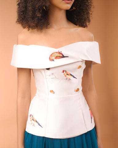 Audrey Cream Bird Top and Teal Skirt