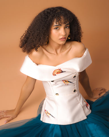 Audrey Cream Bird Top and Teal Skirt
