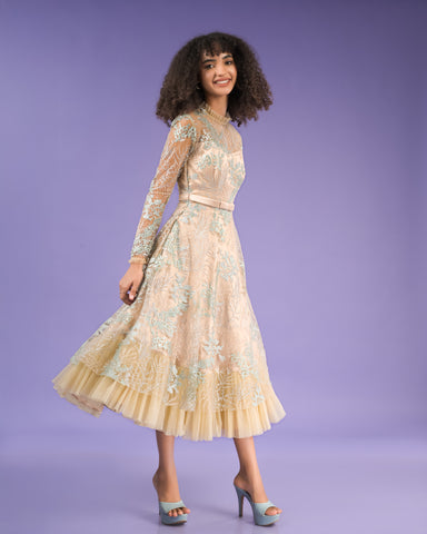 Catherine Beige Blue Embroidery
