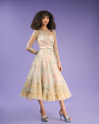Catherine Beige Blue Embroidery